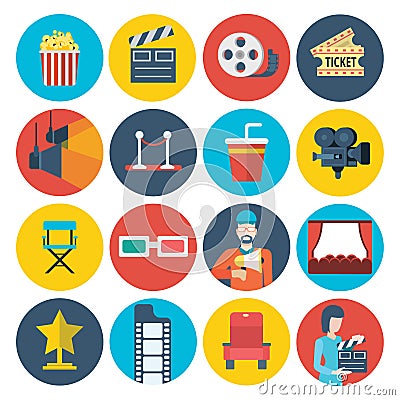 Flat cinema video movie watching design icons set Vector Illustration