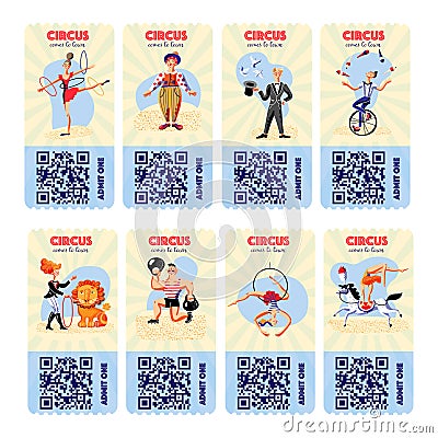 Flat circus tickets with QR code inviting to show Vector Illustration