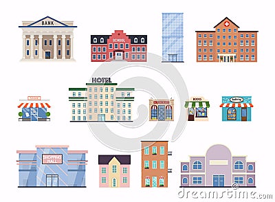 Flat city buildings. School, bank, shop, contemporary office center, hospital facade and city hall building Vector Illustration