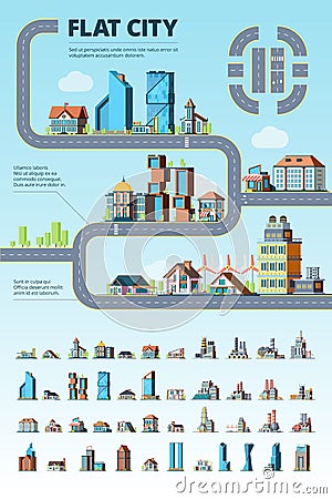 Flat city infographic. Cityscape municipal buildings urban road architectural elements vector creation kit Vector Illustration