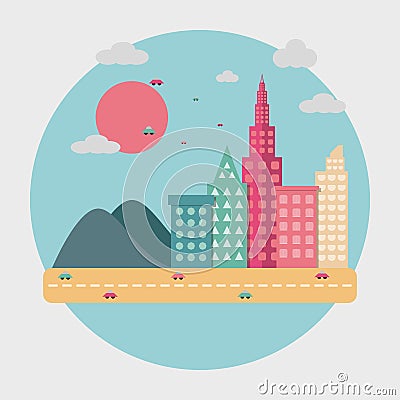 Flat city scene skyscrapers with ufo Stock Photo