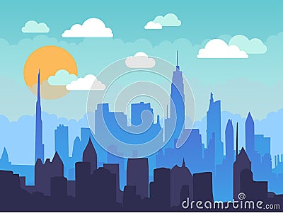 Flat cityscape in the morning with blue sky, white clouds and sun. Urban city skyline illustration. Vector Illustration