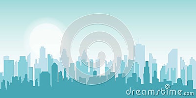 Flat cityscape. Vector illustration. Modern City Skyline, Daytime Panoramic Urban Landscape with Silhouette Buildings and Skyscrap Vector Illustration