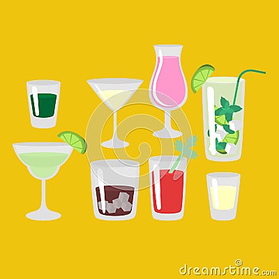 Flat classic alcohol cocktails isolated. Glass with margarita, mojito, whiskey, liquor. Stock Photo