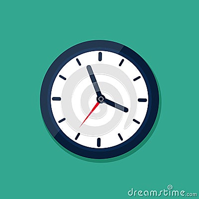 Flat clock icon on blue wall. Countdown of time of timer for sport. Ticking round watch isolated. Simple stopwatch logo. Deadline Vector Illustration