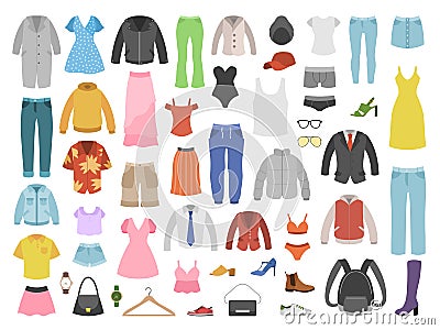 Flat clothes. Women and men fashion modern outfits, footwear and bags, basic clothes, underwear and accessories, modern Vector Illustration