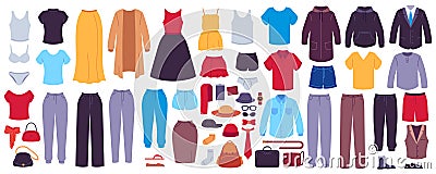 Flat clothes. Women and men garments, accessories, footwear and bags, fashion seasonal wardrobe, modern casual outfits showroom, Vector Illustration