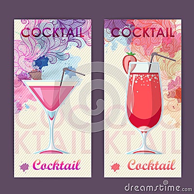 Flat cocktail design on Artistic decorative watercolor background. Cocktail menu Vector Illustration