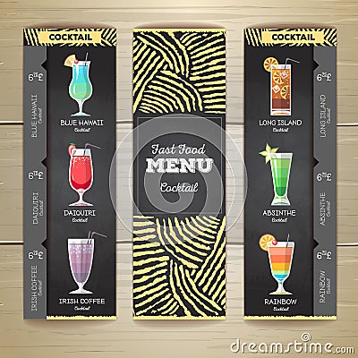 Flat Cocktail menu desing with chalk drawing background. Vector Illustration