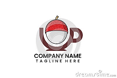 Flat coffee cup lychee fruits logo icon template Vector Illustration