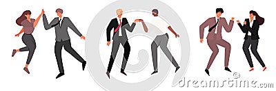 Flat collection of businessman and businesswoman with different greeting high five, high fist and celebrate success collaboration Vector Illustration