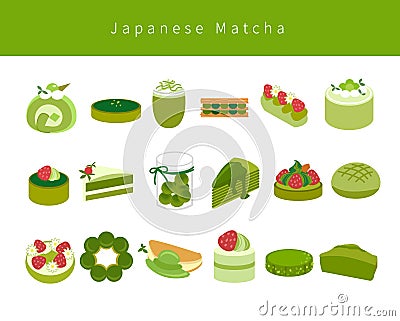 Flat Collection of different Japanese and French matcha dessert patterns Stock Photo