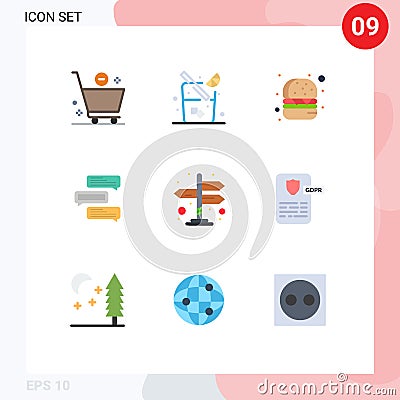 9 Flat Color concept for Websites Mobile and Apps arrows, directions, fast food, talks, comments Vector Illustration