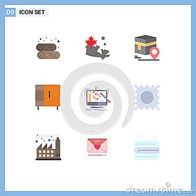 Mobile Interface Flat Color Set of 9 Pictograms of project, wardrobe, kaba, home appliances, furniture Vector Illustration