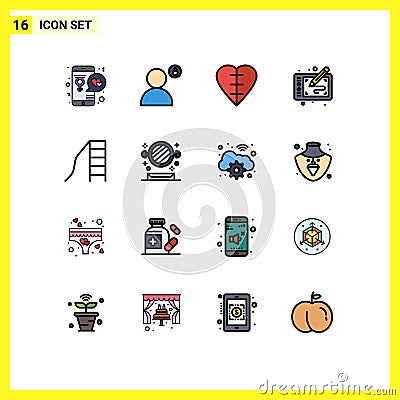 16 Flat Color Filled Line concept for Websites Mobile and Apps arts, tablet, privacy, graphic, human heart Vector Illustration