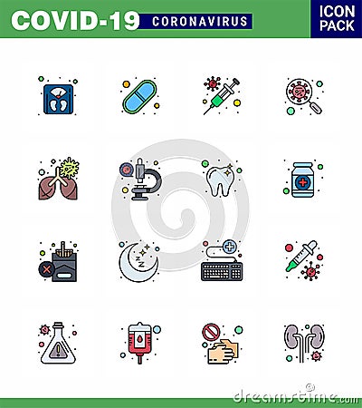 16 Flat Color Filled Line Coronavirus Covid19 Icon pack such as virus, interfac, flu, glass, scan virus Vector Illustration
