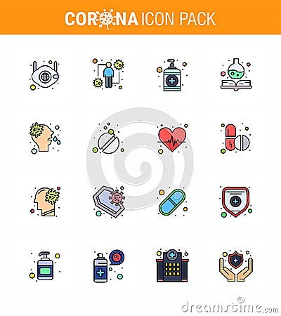 16 Flat Color Filled Line Coronavirus disease and prevention vector icon allergy, medical, intect, handbook, wash Vector Illustration