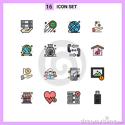 Flat Color Filled Line Pack of 16 Universal Symbols of badge, currency, world globe, money, hand Vector Illustration