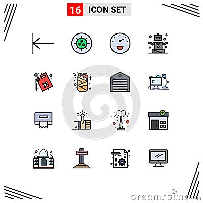 Flat Color Filled Line Pack of 16 Universal Symbols of can, pollution, speed, gas, yoga Vector Illustration