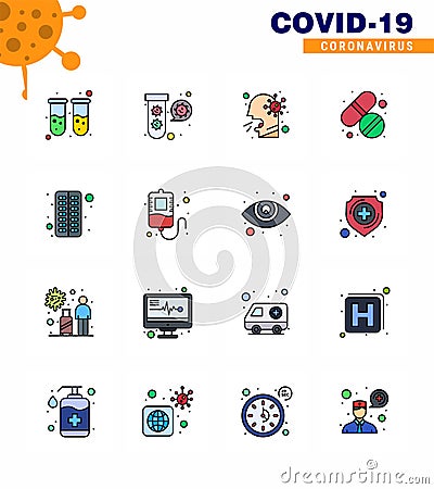 Corona virus disease 16 Flat Color Filled Line icon pack suck as care, pill, virus, medicine, people Vector Illustration