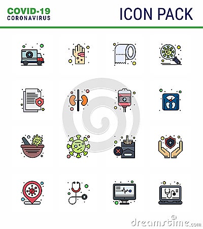 16 Flat Color Filled Line viral Virus corona icon pack such as security, corona, hygiene, bacteria, tissue Vector Illustration