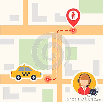 Flat color illustration of a map with a top view with taxi icons and a passenger label. dashed line path route. Vector Illustration