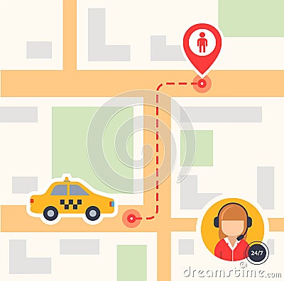 Flat color illustration of a map with a top view with taxi icons and a passenger label Cartoon Illustration