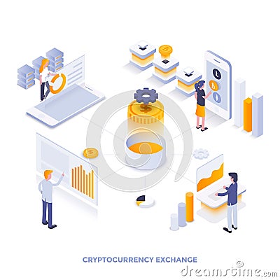 Flat color Modern Isometric Illustration design - Cryptocurrency exchange Cartoon Illustration