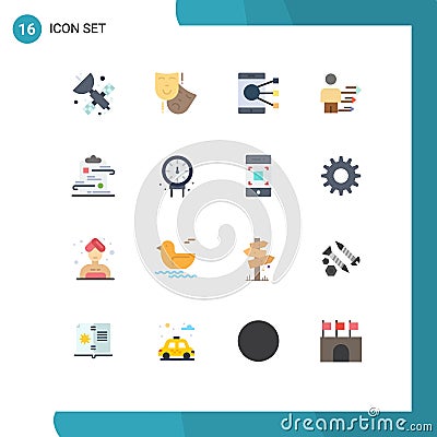 Flat Color Pack of 16 Universal Symbols of clipboard, leadership, connect, business, share Vector Illustration