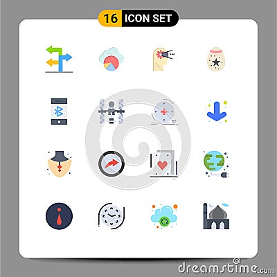 Flat Color Pack of 16 Universal Symbols of connection, bluetooth, process, egg, decoration Vector Illustration