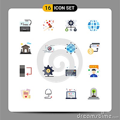 Flat Color Pack of 16 Universal Symbols of internet, global, valentine fire, earth, setting Vector Illustration