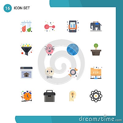 Flat Color Pack of 16 Universal Symbols of sort, filter, book, usa, elephent Vector Illustration