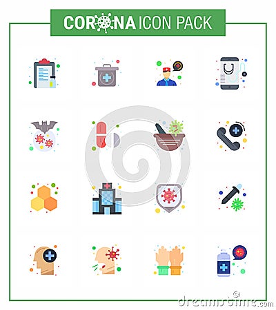 16 Flat Color Set of corona virus epidemic icons. such as carrier, online, ask a doctor, mobile, healthcare Vector Illustration
