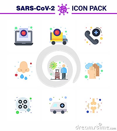 9 Flat Color Set of corona virus epidemic icons. such as health, cold, transmission, allergy, medical Vector Illustration