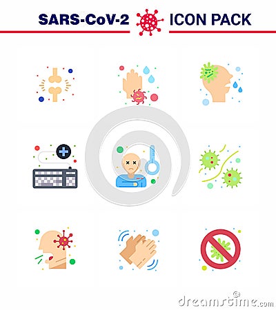 9 Flat Color Set of corona virus epidemic icons. such as survice, online, water drop, keyboard, virus Vector Illustration