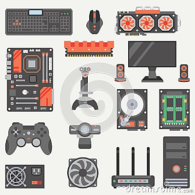 Flat color vector computer part icon set. Cartoon style. Digital gaming and business office pc desktop device Vector Illustration