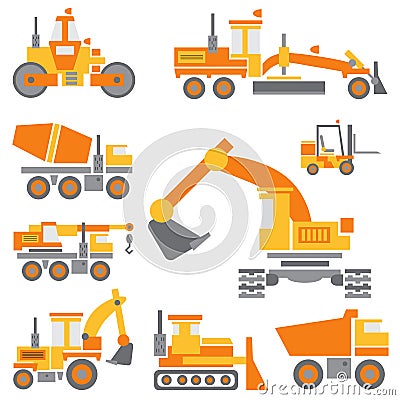 Flat color vector icon construction machinery set with bulldozer, crane, truck, excavator, forklift, cement mixer Vector Illustration