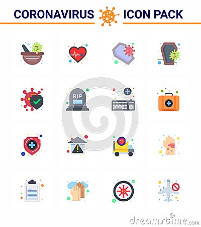 16 Flat Color viral Virus corona icon pack such as count, protection, coffin, disease, skull Vector Illustration