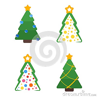Flat colored christmas tree with star and garland set Vector Illustration