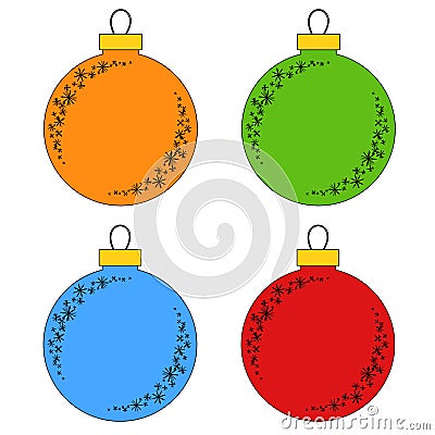 Flat colored set of isolated Christmas toys in the form of balls of blue, green, red, orange. With a black outline. Simple design Vector Illustration