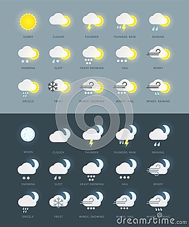 Flat colored weather icons collection with day and night variations. Vector Illustration