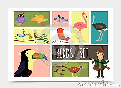 Flat Colorful Birds Collection Vector Illustration