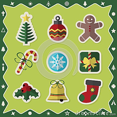 Flat colorful Christmas stickers icons set on green background Vector Illustration