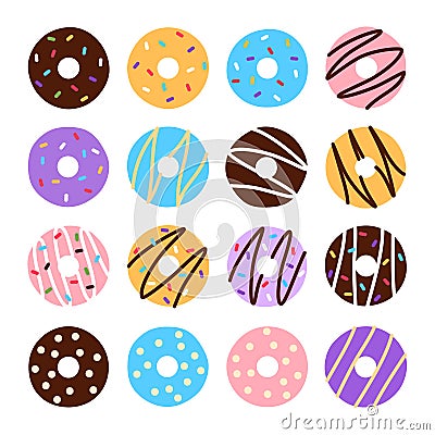 Flat colorful donuts set on white background. Vector Illustration