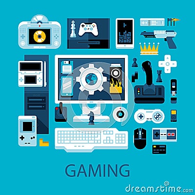 Flat colorful illustration about videogames, gamers and electronic entertainment Vector Illustration