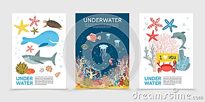 Flat Colorful Underwater Life Brochures Vector Illustration