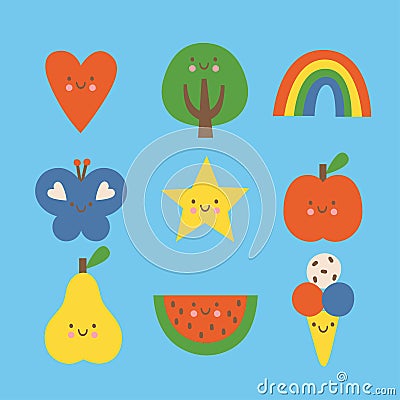 Flat colorful vector illustration set. Heart, tree, rainbow, butterfly, star, apple, pear, watermelon and ice cream Cartoon Illustration