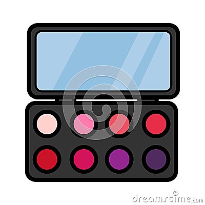 Flat colorfull icon is a simple linear glamorous cosmetics rectangular powder box with a mirror, eye shadows and eyelids applying Vector Illustration