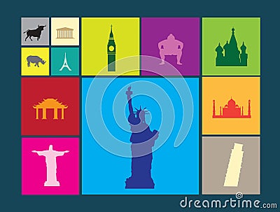 Flat colour icons on coloured background of famous landmarks Vector Illustration