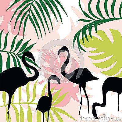 Flat composition leaves and flamingo Vector Illustration